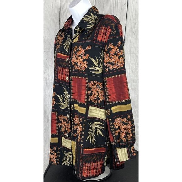 Periphery Womens Size 10 Long Sleeve Button Down Shirt Black Tan Red Floral - Picture 4 of 12